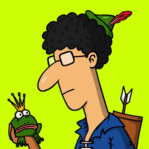 A cartoon illustration of a curly-haired man wearing glasses, a green Robin Hood-style hat with a red feather, and a blue shirt, holding a small green frog wearing a gold crown, set against a bright lime-green background.