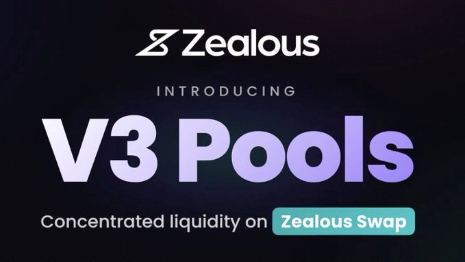 Promotional graphic introducing 'V3 Pools' on Zealous Swap with the tagline 'Concentrated liquidity on Zealous Swap' on a dark background.