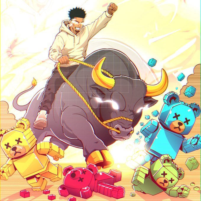 A digital illustration shows an anime-style character with spiky hair triumphantly riding a massive bullish creature with golden horns, charging through and shattering blocky, X-eyed bear figures in yellow, pink, green, and blue—visually embodying the bullish crypto momentum associated with $ANSEM referenced in the post.