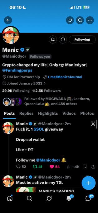 A Twitter/X profile page for 'Manic' (@Manicdyor), displaying a crypto giveaway post ('1 $SOL giveaway') and noting 'Crypto changed my life | Only tg: Manicdyor'.