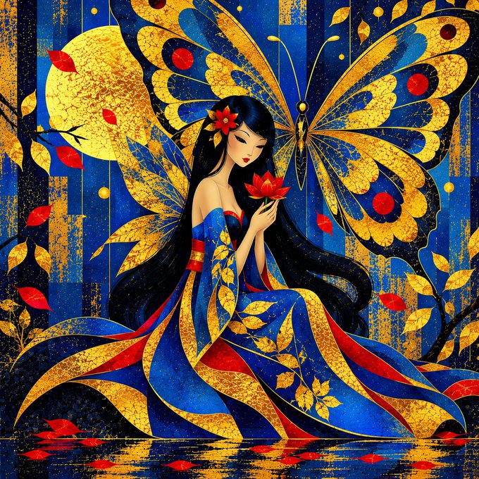 A stylized painting of an Asian woman with long black hair in a blue and red kimono, holding a red lotus flower, with large golden and blue butterfly wings behind her.