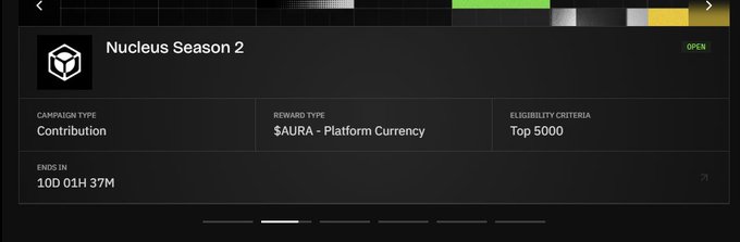A dark-themed webpage section titled 'Nucleus Season 2' displays a Contribution campaign type with $AURA platform currency rewards for the Top 5000, ending in 10D 01H 37M, with an OPEN status indicator.