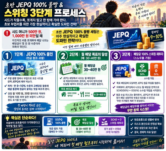 A Korean promotional infographic for JEPQ (J.P. Morgan NASDAQ Equity Premium Income ETF) outlining a 3-step process for stock and swing trading strategy, featuring various charts and text boxes.