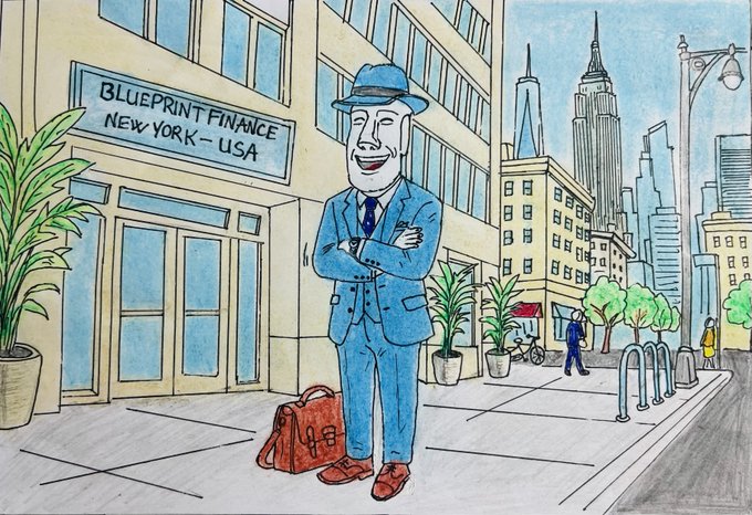 A hand-drawn illustration shows a smiling man in a blue suit and hat standing outside 'BLUEPRINT FINANCE NEW YORK - USA' with the NYC skyline behind him.