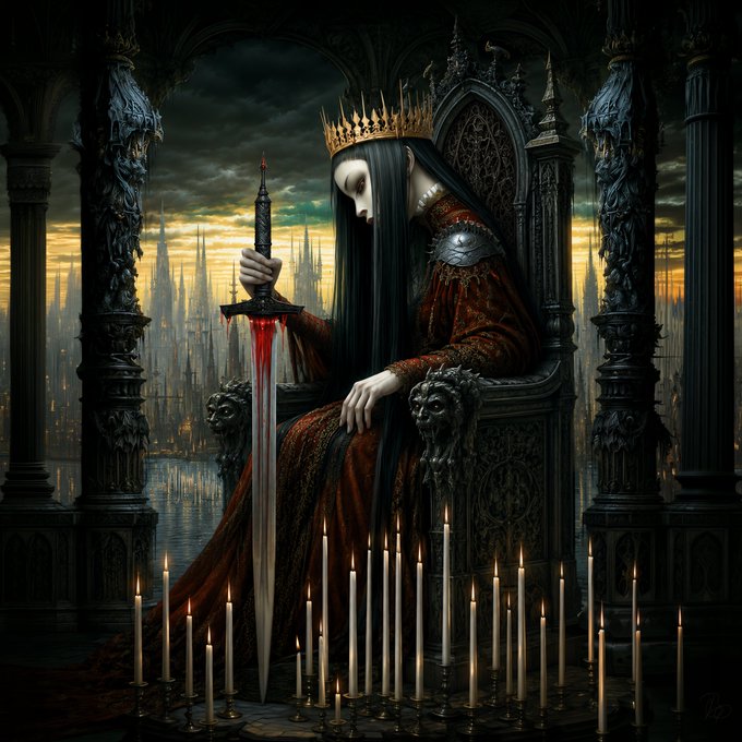 A dark fantasy illustration of a pale, crowned figure in a red gown sitting on an ornate throne, holding a bloodied sword, surrounded by lit candles and a gothic city skyline in the background.
