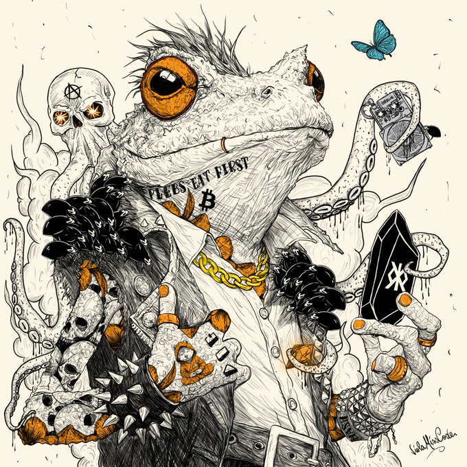 A detailed black, white, and orange illustration of an anthropomorphic frog holding a black crystal, surrounded by skulls, tentacles, a butterfly, and Bitcoin symbols, with the text 'FLIES EAT FIRST' on its neck.