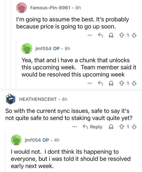 Reddit comment thread from users Famous-Pin-8961, jmf054 OP, and HEATHENSCENT discussing a transaction delay, possibly related to crypto staking vaults.
