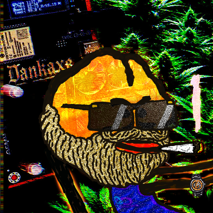 A stylized, colorful digital illustration of a hooded bearded figure wearing sunglasses and smoking a cigar, with the word "Danketsu" visible on the left.