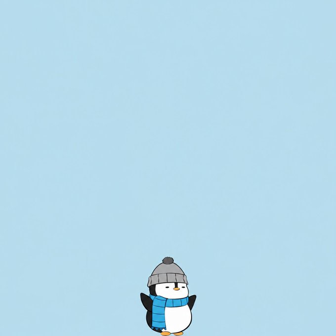 A small cartoon penguin wearing a gray beanie and blue striped scarf stands at the bottom of a vast, empty light-blue background, embodying the "lil but mighty" spirit through its tiny but endearing presence.