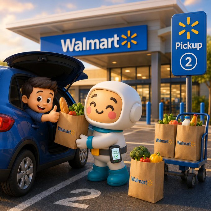 A Pixar-style 3D illustration of a cheerful delivery robot handing Walmart grocery bags to a smiling customer at a 'Pickup 2' station outside a Walmart store.
