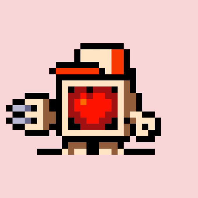 A pixel art image of a tank-like vehicle or robot character with a red heart symbol on its body, featuring mechanical arms and a beige body against a pink background.