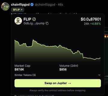 The image depicts a social media post with a black background showing a graph of cryptocurrency value changes as an active user updates their cashtag using a different currency name. The main focus is on the $87k solana pump fun coin, indicating that the user is interested in using this specific type of cryptocurrency or that they have recently received this coin exchange for another currency, such as Bitcoin.