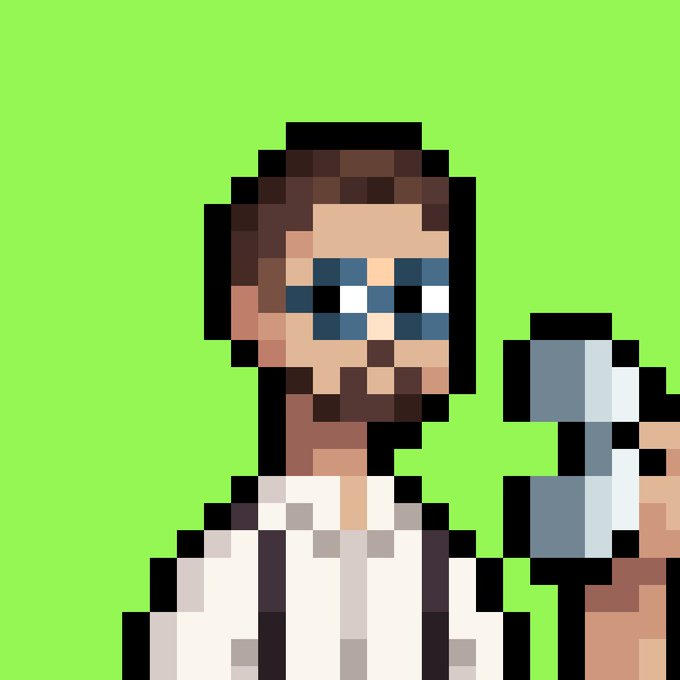 A pixel art illustration shows a bearded man with sunglasses and a brown beanie holding a blue and white object against a bright green background.