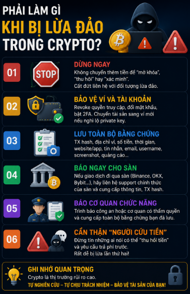 A Vietnamese infographic titled 'PHẢI LÀM GÌ KHI BỊ LỪA ĐẢO TRONG CRYPTO?' detailing six steps to take after being scammed in crypto, including stopping contact, securing wallets, collecting evidence, reporting to exchanges, contacting authorities, and avoiding 'rescuers.'