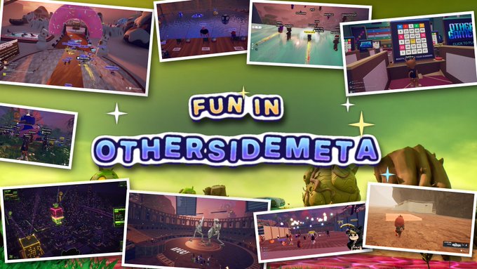 A promotional collage for 'FUN IN OTHERSIDEMETA' displays multiple screenshots of colorful 3D metaverse game environments and user interfaces scattered around the title text.