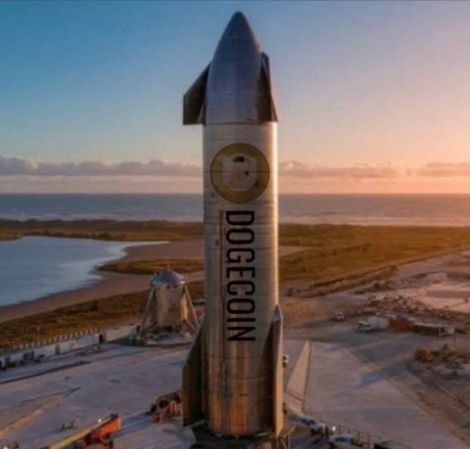 A SpaceX Starship rocket with the Dogecoin logo and 'DOGECOIN' written on its side, standing on a launch pad near the coast.