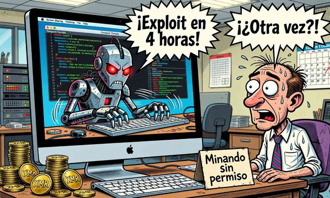 A cartoon illustration shows a stressed, sweating man at a computer desk being yelled at by a robot emerging from his monitor, with speech bubbles reading "¡Exploit en 4 horas!" and "¿Otra vez?!", while stacks of XMR (Monero) coins sit on the desk alongside a sign reading "Minando sin permiso".