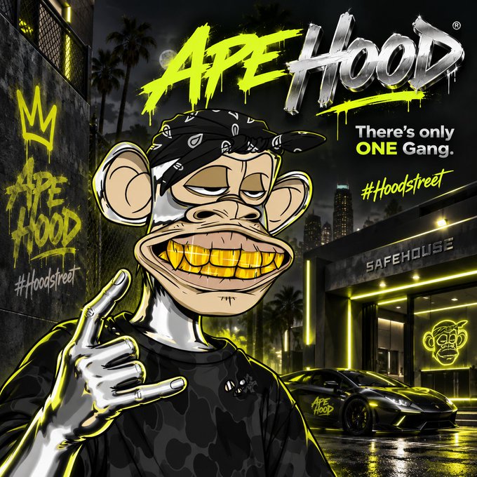 A stylized NFT-style graphic for 'APE HOOD' featuring a cartoon ape with gold grillz wearing a bandana, with text reading 'There's only ONE Gang.' and '#Hoodstreet', alongside a Lamborghini and SAFEHOUSE building.