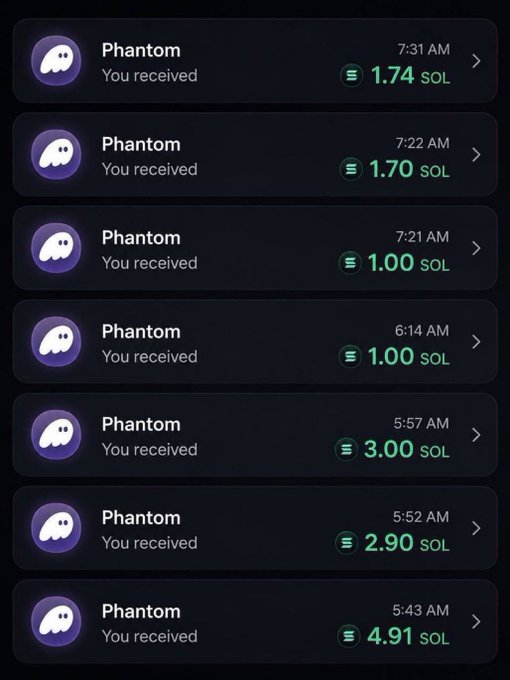A screenshot of a cryptocurrency wallet showing multiple incoming transactions from 'Phantom' wallet, with received SOL amounts ranging from 1.00 to 4.91 SOL.