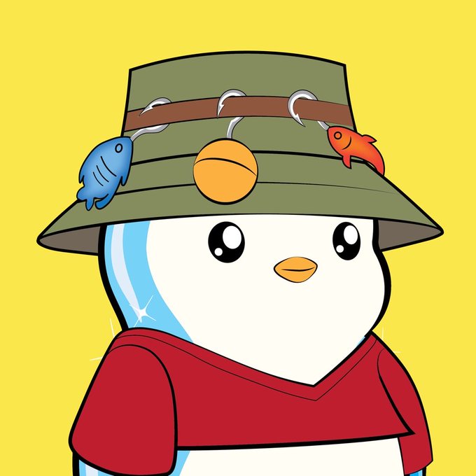 A cartoon illustration of a cute penguin character wearing a green fishing hat decorated with lures and a red shirt against a yellow background.