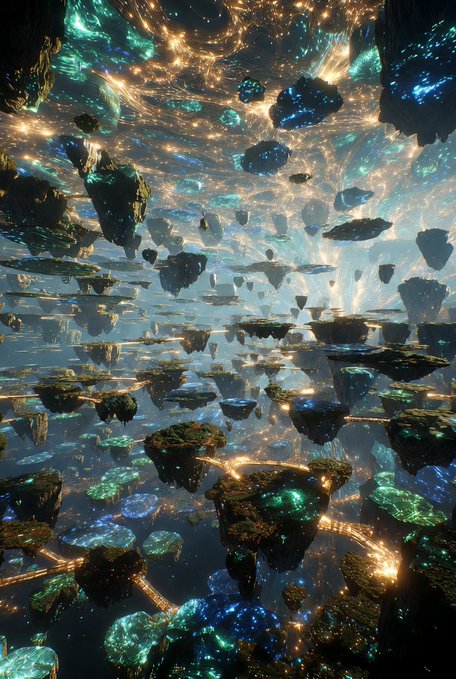 A surreal fantasy artwork showing floating islands and rocks in a cosmic space with glowing teal and golden lights.