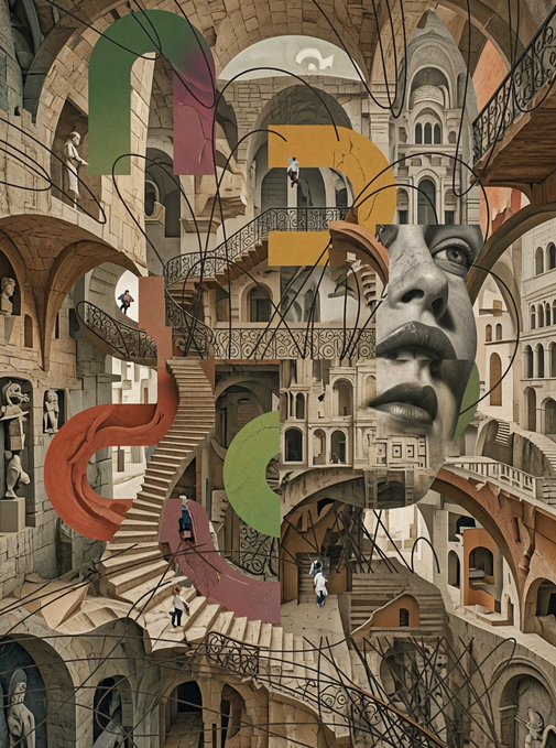 A surreal, intricate digital artwork featuring a classical architectural structure with winding staircases, statues, floating colorful numbers, and a large fragmented face of a woman with dark lips.