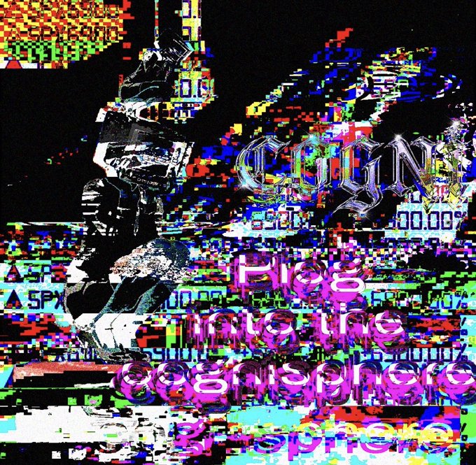 A glitchy, colorful, distorted graphic with the text 'COGN PLOS has the atmosphere isotope' in warped lettering.