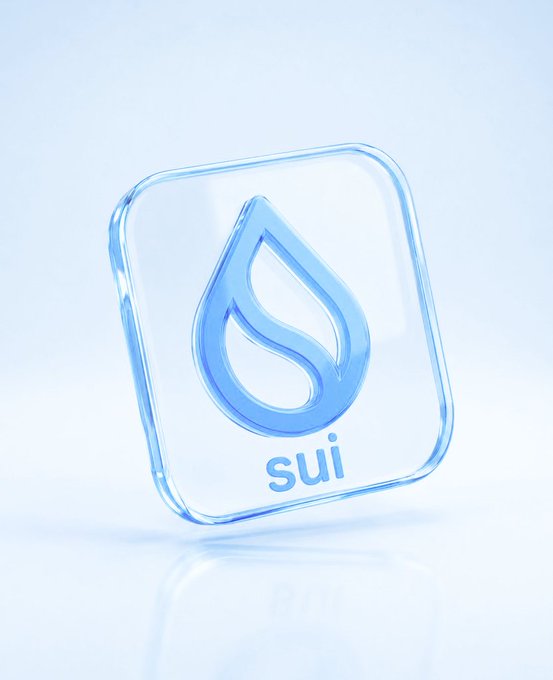 The image features a square glass logo with a blue water droplet shape at its center. The text "Sui" is written below the water droplet, indicating that this logo represents Sui Network. The surrounding area of the logo appears to be white, which contrasts with the blue color of the water droplet and makes it stand out prominently in the image.