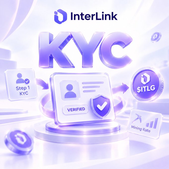 A 3D-style promotional graphic for "InterLink" highlights a streamlined KYC process, featuring large purple "KYC" lettering above a verified ID card and floating icons labeled "Step 1 KYC," "$ITLG," and "Mining Rate," illustrating the simplified allocation pathway mentioned in the post.