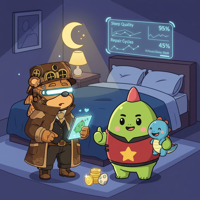 A steampunk bear character wearing a sleep-tracking headset reviews a "Sleep Quality" holographic display showing 95% and "Repair Cycles" at 45% with "4 Hours Deep Sleek," while a green star-adorned Sleepagotchi and small blue companion give a thumbs-up beside a bed at night. The image visually reinforces the post's celebration of optimized sleep tracking and its rewards, showing the Sleepagotchi quantifying exactly the "prime body repair time" and sleep metrics the post brags about.
