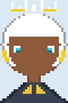 A pixel art portrait of a dark-skinned character with white hair, blue eyes, and yellow and white headwear.