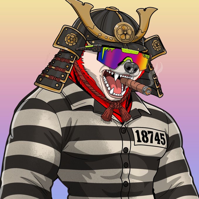 A cartoon illustration of an anthropomorphic red panda wearing black samurai armor, reflective sunglasses, a prisoner shirt with the number '18745', and smoking a cigar.