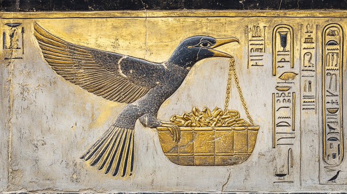 A carved Egyptian relief of a bird carrying a basket of golden offerings with hieroglyphics, used as the meme image for a cryptocurrency promotion offering group access in exchange for $60 in token purchases sent to the wallet address 0x91554e79a17c18990034d1ec3c4f492086d7b2cc.