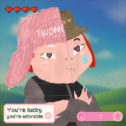 A pink-haired anime-style character with heart eyes cries and smiles while wearing a hat that says 'TWOME', with text below reading 'You're lucky you're adorable.'