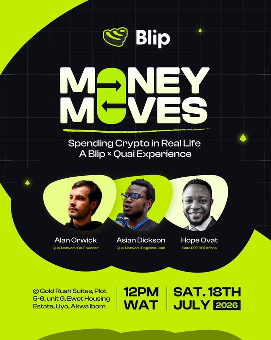 Event poster for "MONEY MOVES: Spending Crypto in Real Life — A Blip × Quai Experience" featuring speakers Alan Orwick (Quai Network Co-Founder), Asian Dickson (Quai Network Regional Lead), and Hope Ovat (Gate P2P BD|Africa), scheduled for 12PM WAT on Saturday, July 18, 2026, at Gold Rush Suites, Plot 5-6, Unit G, Ewet Housing Estate, Uyo, Akwa Ibom. The image serves as the official visual announcement for Quai Nation's in-person meetup in Nigeria about practical crypto spending.