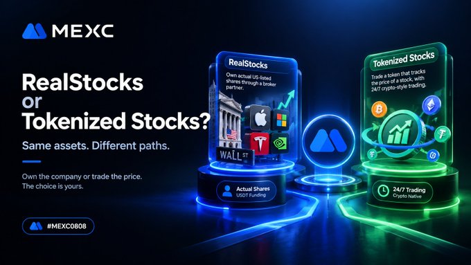 A promotional banner for MEXC exchange comparing "RealStocks or Tokenized Stocks?" featuring two illuminated podiums displaying options like actual shares and crypto-style trading.