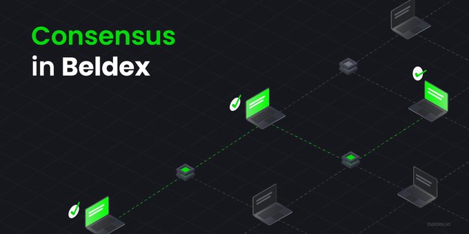 A dark isometric illustration with green and gray tones titled 'Consensus in Beldex,' depicting a network of connected laptops with green screens.