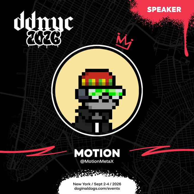 A promotional poster for 'ddmyc 2026' features a pixel art character wearing a red, yellow, and green striped hat and green visor glasses, with 'SPEAKER' tag and 'MOTION @MotionMetaX' text, and event details 'New York / Sept 2-4 / 2026, doginaldogs.com/events'.