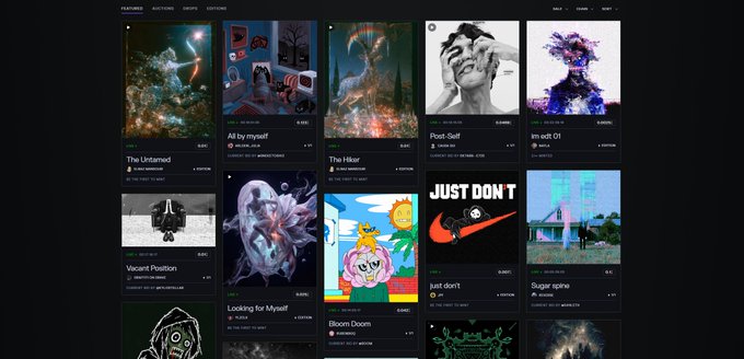 A dark-themed NFT or digital art marketplace interface displaying various artwork listings with titles like 'The Untamed', 'All by myself', 'The Hiker', 'Post Quilt', 'im not 01', 'Vacant Position', 'Looking for Myself', 'Bloom Bloom', 'just don't', and 'Sugar spine'.