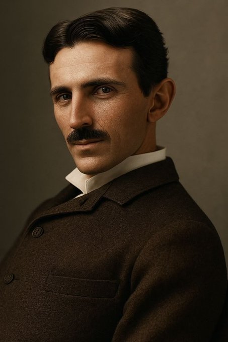 A formal portrait of a man resembling Nikola Tesla with dark hair and a mustache, wearing a brown suit jacket over a white collared shirt against a muted background.