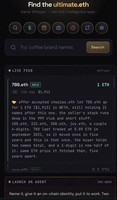 A mobile web interface titled 'Find the ultimate.eth' which functions as an ENS intelligence layer, displaying a live feed of recent ENS domain sales like '788.eth'.