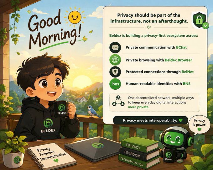A promotional graphic for Beldex featuring a cartoon boy drinking from a mug beside an info panel about privacy infrastructure including BChat, Beldex Browser, BelNet, and BNS, with a green robot mascot saying 'Privacy is power!'.
