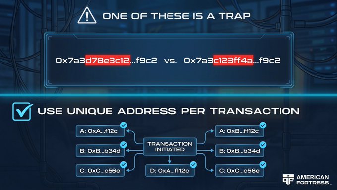 An American Fortress security infographic warning 'ONE OF THESE IS A TRAP' by showing two nearly identical Ethereum addresses (0x7a3d78e3c12...f9c2 vs. 0x7a3c123ff4a...f9c2), advising users to 'USE UNIQUE ADDRESS PER TRANSACTION' with a diagram mapping addresses A, B, C, and D.