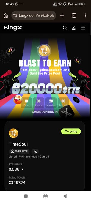 The image shows a BingX promotional page featuring a "Blast to Earn" campaign for TimeSoul ($TST) with a countdown timer showing 10 days, 6 hours, 20 minutes remaining and a prize pool of $TST 23,187.74, directly supporting the post's mention of the 10-day countdown for the @timesoulcom x @BingXOfficial campaign.