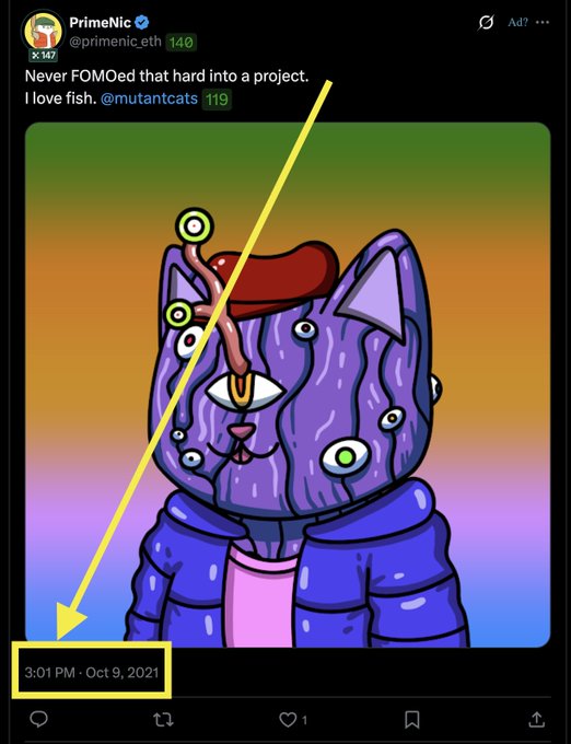 A Twitter post from 'PrimeNic (@primenic.eth)' dated '3:01 PM · Oct 9, 2021' features an illustration of a purple cat-like creature with multiple eyes and a beret, with an arrow pointing to the timestamp.