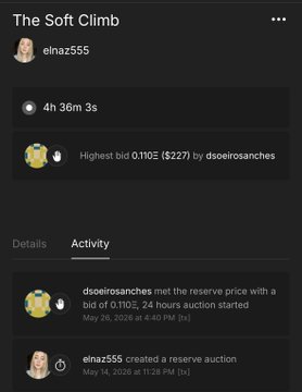 In the image, there are two posts displayed side by side with a woman's face at the bottom of each one. The first post is titled "The Soft Climb" and has a picture of a person next to it. The second post is titled "Gm Live Auction for 'The Soft Climb' ending in 4 hours Current bid: 0.11 eth reserve". This post seems to be related to the auction, as indicated by the woman's face being used as an image on one of the posts.