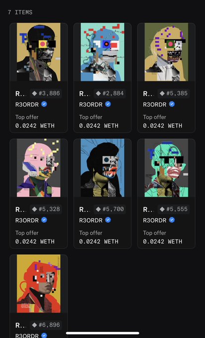 The image shows an array of digital art pieces, including cartoon faces with different colors and styles. The text "Signal Received: 300+ Eth volume in a week. Lucky number 7. @R3ORDR your imagination @Dario_Desiena". This suggests that the post is related to the collection of these digital artworks or possibly an artist's portfolio, where the creator has received positive feedback and likes for their work. The post also mentions "@R3ORDR" and "@Dario_Desiena", which are likely the artists behind the digital art pieces displayed on the app.