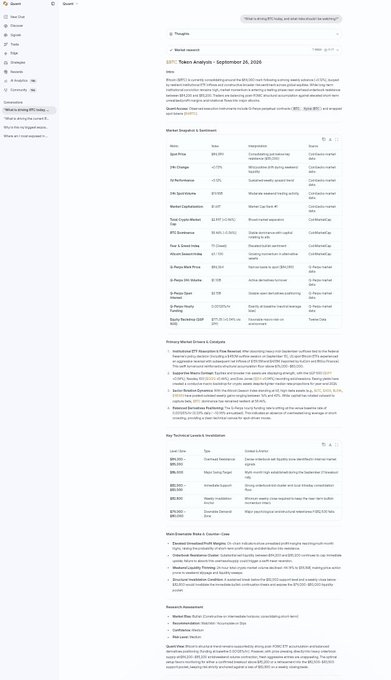 The image shows a Quantio dashboard displaying a token analysis report for BTC, dated September 26, 2025, which includes market snapshots, token composition, primary market drivers (such as Federal Reserve commentary, rate cut expectations, ETF inflows, and macro events), key technical and on-chain resistance levels, and most downside risks—all of which directly supports the post's claim that Quantio provided a comprehensive, multi-layered answer rather than just a simple bullish or bearish prediction.