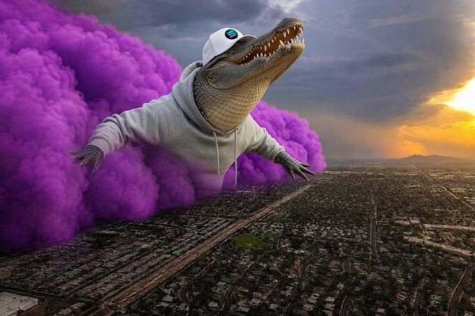A surreal AI-generated image of a giant crocodile wearing a gray hoodie and white cap emerging from a massive purple smoke cloud over a cityscape at sunset.