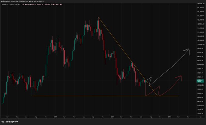 A Bitcoin (BTCUSD) daily chart on TradingView shows two projected bullish paths—one white curving toward $100,000+ and one red retracing before a smaller rise—both following a descending trendline breakout from the roughly $55K–58K support area, asking viewers to choose between the more aggressive white breakout or the milder red recovery scenario.